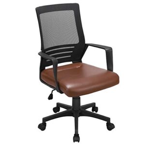 yaheetech ergonomic home office chair leather and mesh combine desk chair rolling swivel adjustable mesh chair with lumbar support and armrests for office and home, brown