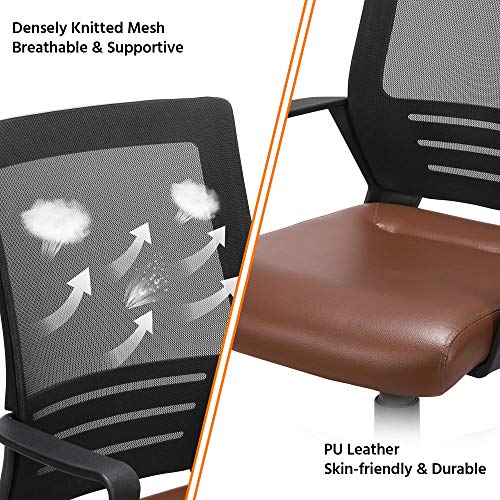 Yaheetech Ergonomic Home Office Chair Leather and Mesh Combine Desk Chair Rolling Swivel Adjustable Mesh Chair with Lumbar Support and Armrests for Office and Home, Brown