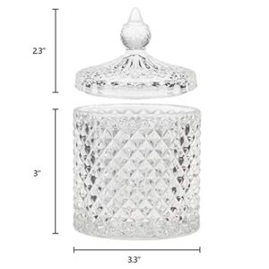 Hedume 4 Pack Crystal Diamond Faceted Jar with Crystal Lid, Glass Food Storage Organization Set Suitable as Candy Dish, Cookie Tin, Decorative Sugar Bowl (Diameter 3.3 Inch)