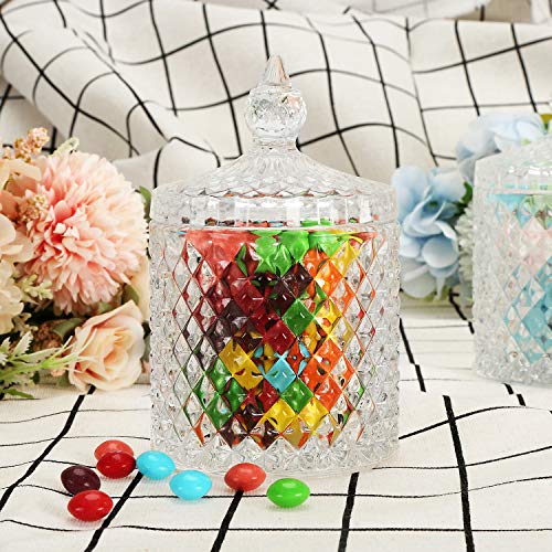 Hedume 4 Pack Crystal Diamond Faceted Jar with Crystal Lid, Glass Food Storage Organization Set Suitable as Candy Dish, Cookie Tin, Decorative Sugar Bowl (Diameter 3.3 Inch)
