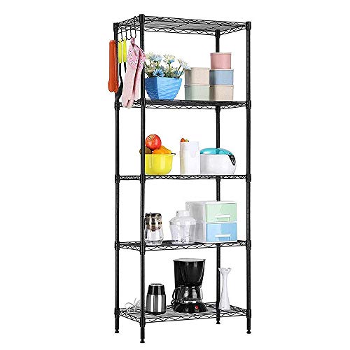 samanoya 5-Shelf Adjustable Industrial Storage Wire Shelving Unit with Hook,Heavy Duty Utility Layer Rack Organizer for Kitchen,Steel Organizer Metal Rack - Chrome - (21.25 x 11.42 x 59.06)