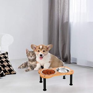 Elevated Dog Bowls, Unique Bone Shape Bamboo Raised Pet Bowls& Cats Dogs Food and Water Stand Pet Feeder, with 2-Pack Stainless Steel Bowls, for Pets Medium Dogs Cats, 16.46” W x 9.84” D x 7.09” H