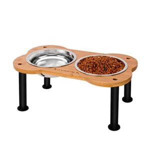 elevated dog bowls, unique bone shape bamboo raised pet bowls& cats dogs food and water stand pet feeder, with 2-pack stainless steel bowls, for pets medium dogs cats, 16.46” w x 9.84” d x 7.09” h