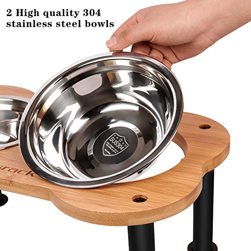 Elevated Dog Bowls, Unique Bone Shape Bamboo Raised Pet Bowls& Cats Dogs Food and Water Stand Pet Feeder, with 2-Pack Stainless Steel Bowls, for Pets Medium Dogs Cats, 16.46” W x 9.84” D x 7.09” H