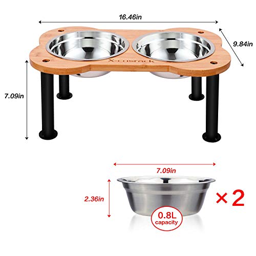 Elevated Dog Bowls, Unique Bone Shape Bamboo Raised Pet Bowls& Cats Dogs Food and Water Stand Pet Feeder, with 2-Pack Stainless Steel Bowls, for Pets Medium Dogs Cats, 16.46” W x 9.84” D x 7.09” H