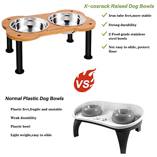 Elevated Dog Bowls, Unique Bone Shape Bamboo Raised Pet Bowls& Cats Dogs Food and Water Stand Pet Feeder, with 2-Pack Stainless Steel Bowls, for Pets Medium Dogs Cats, 16.46” W x 9.84” D x 7.09” H