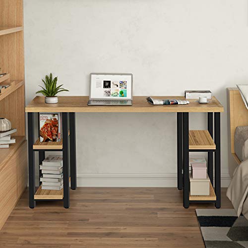 Coral Flower Landisl Desk,Simple and Modern Design,with Four Open Shelves for Books, Office Supplies or Accessories Within Easy Reach，Light Oak