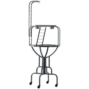pawhut rolling bird perch play stand with universal wheels, wooden perch ladders, & stainless steel feeding cups, grey