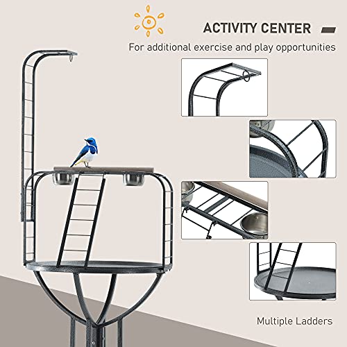 PawHut Rolling Bird Perch Play Stand with Universal Wheels, Wooden Perch Ladders, & Stainless Steel Feeding Cups, Grey