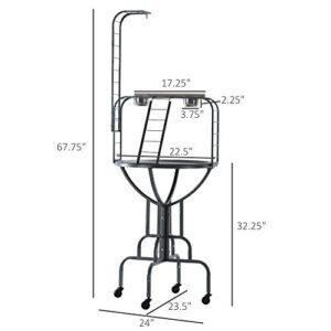 PawHut Rolling Bird Perch Play Stand with Universal Wheels, Wooden Perch Ladders, & Stainless Steel Feeding Cups, Grey