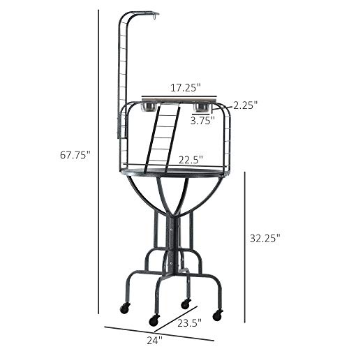 PawHut Rolling Bird Perch Play Stand with Universal Wheels, Wooden Perch Ladders, & Stainless Steel Feeding Cups, Grey