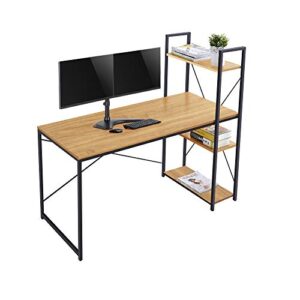 coral flower tower computer desk with 4 tier shelves - 55'' multi level writing study table with bookshelves modern steel frame wood desk compact home office workstation ，natural brown