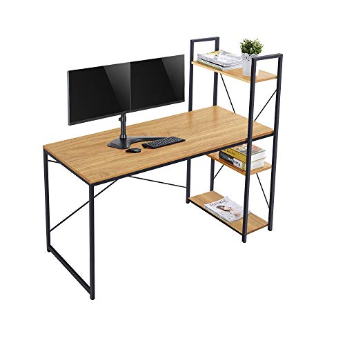 Coral Flower Tower Computer Desk with 4 Tier Shelves - 55'' Multi Level Writing Study Table with Bookshelves Modern Steel Frame Wood Desk Compact Home Office Workstation ，Natural Brown