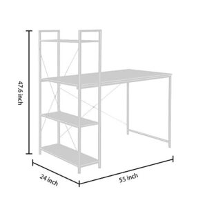 Coral Flower Tower Computer Desk with 4 Tier Shelves - 55'' Multi Level Writing Study Table with Bookshelves Modern Steel Frame Wood Desk Compact Home Office Workstation ，Natural Brown