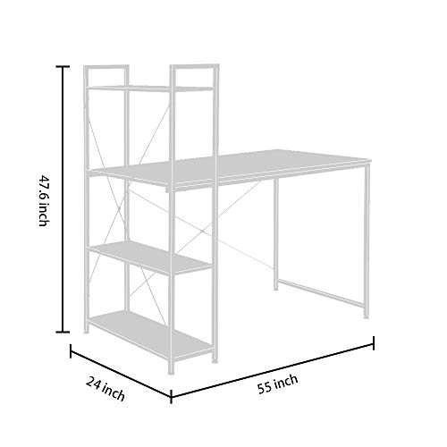 Coral Flower Tower Computer Desk with 4 Tier Shelves - 55'' Multi Level Writing Study Table with Bookshelves Modern Steel Frame Wood Desk Compact Home Office Workstation ，Natural Brown