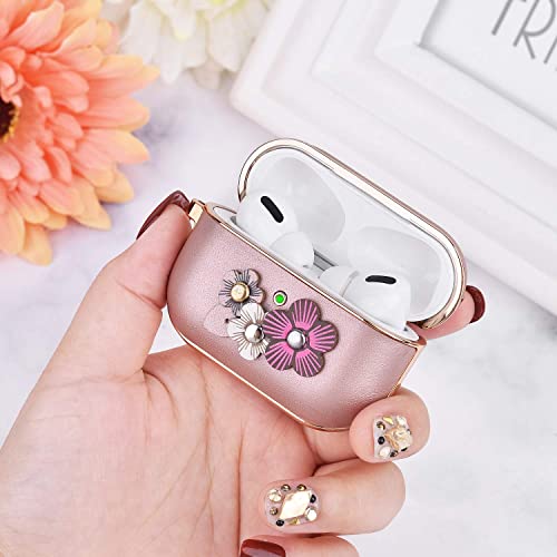 V-MORO Compatible with Airpods Pro Case, Flower Leather Protective Case for Apple Airpods Pro 2019/Airpods Pro 2nd Generation Wireless Charging Case Cover with Keychain Women Men, Rose Gold