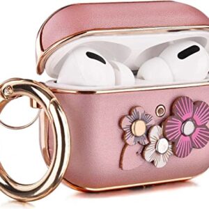 V-MORO Compatible with Airpods Pro Case, Flower Leather Protective Case for Apple Airpods Pro 2019/Airpods Pro 2nd Generation Wireless Charging Case Cover with Keychain Women Men, Rose Gold