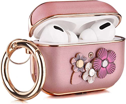 V-MORO Compatible with Airpods Pro Case, Flower Leather Protective Case for Apple Airpods Pro 2019/Airpods Pro 2nd Generation Wireless Charging Case Cover with Keychain Women Men, Rose Gold