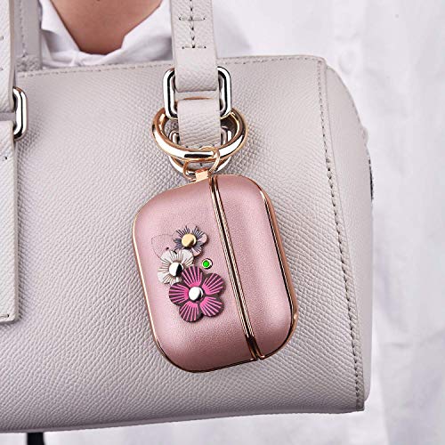 V-MORO Compatible with Airpods Pro Case, Flower Leather Protective Case for Apple Airpods Pro 2019/Airpods Pro 2nd Generation Wireless Charging Case Cover with Keychain Women Men, Rose Gold