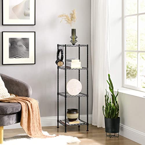 SONGMICS Bathroom Shelf, Storage Rack for Small Space, Total Load Capacity 176.4 lb, 11.8 x 11.8 x 40.2 Inches, with 4 PP Sheets, Removable Hooks, Extendable Design, Black and Translucent ULGR104B01