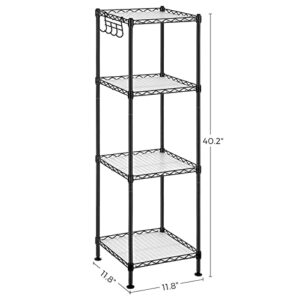 SONGMICS Bathroom Shelf, Storage Rack for Small Space, Total Load Capacity 176.4 lb, 11.8 x 11.8 x 40.2 Inches, with 4 PP Sheets, Removable Hooks, Extendable Design, Black and Translucent ULGR104B01