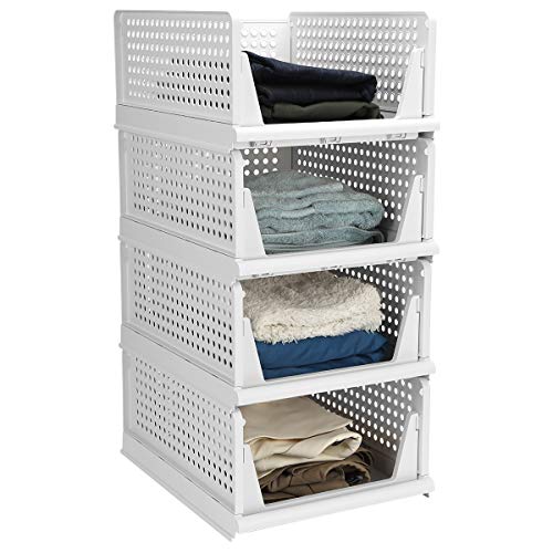 Hossejoy Set of 4 Stackable Wardrobe Storage Box, Plastic Drawer Organizer, Foldable Clothes Shelf Baskets, Folding Containers Bins Cubes, Perfect for Kitchen, Office, Bedroom & Bathrooms(White)