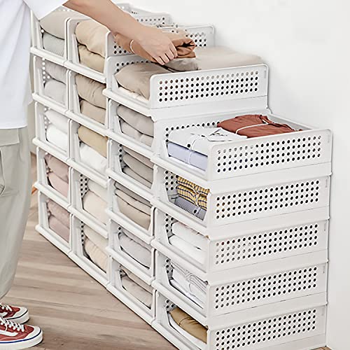 Hossejoy Set of 4 Stackable Wardrobe Storage Box, Plastic Drawer Organizer, Foldable Clothes Shelf Baskets, Folding Containers Bins Cubes, Perfect for Kitchen, Office, Bedroom & Bathrooms(White)