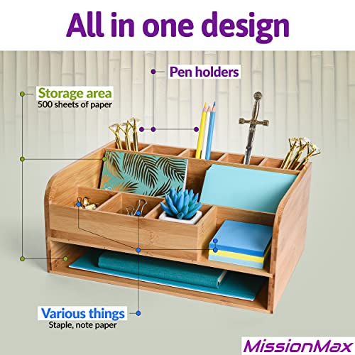 MissionMax Bamboo Wood Desk Organizer with File Organizer for Office Supplies Storage & Desk Accessories. Perfect Office Decor combo for Desk Organization, Office Desks, Home Office and more