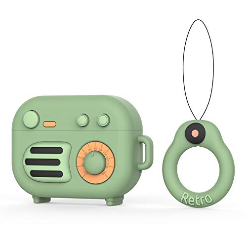 Protective Soft Silicone Cartoon Radio Funny Case for AirPods Pro Cute Fashion Shockproof Cool Design Skin Case with Ring Carabiner(Green)