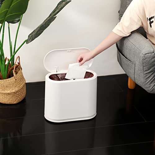 KLGO 2.4 Gallon Slim Plastic Trash Can Wastebasket,10 Liter Rectangular Double Barrel Garbage Container Bin for Bathroom, Bedroom, Kitchen and Office,Removable Liner Bucket.White