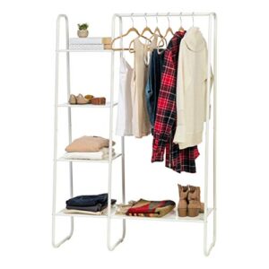 iris usa clothes rack with 4 metal shelves, freestanding clothing racks for hanging clothes, easy to assemble, standing metal sturdy garment and accessories rack, small space storage solution, white