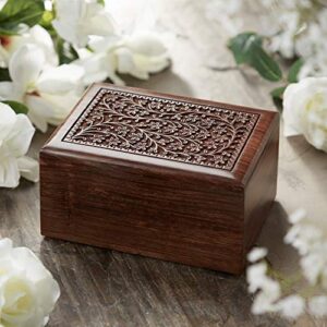 Reminded Rosewood Hand-Carved Floral Urn Box Cremation Memorial with Velvet Bag - Large