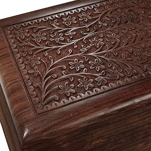 Reminded Rosewood Hand-Carved Floral Urn Box Cremation Memorial with Velvet Bag - Large