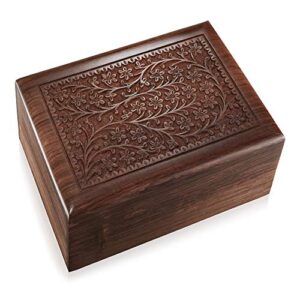 Reminded Rosewood Hand-Carved Floral Urn Box Cremation Memorial with Velvet Bag - Large