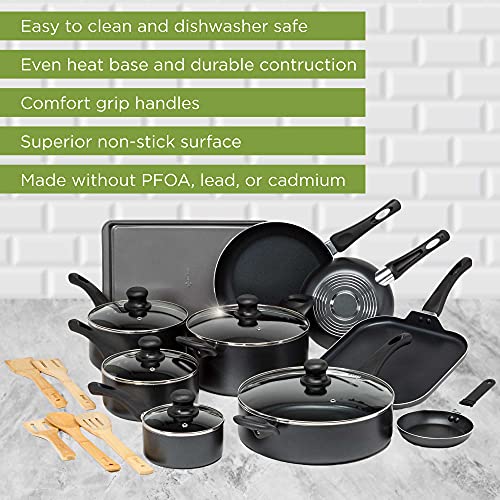 Ecolution Easy Clean Nonstick Cookware Set, Features Kitchen Essentials, Bamboo Cooking Utensils Set, Vented Glass Lids, Ergonomic Grip Handles, Made without PFOA, Dishwasher Safe, 20-Piece, Black