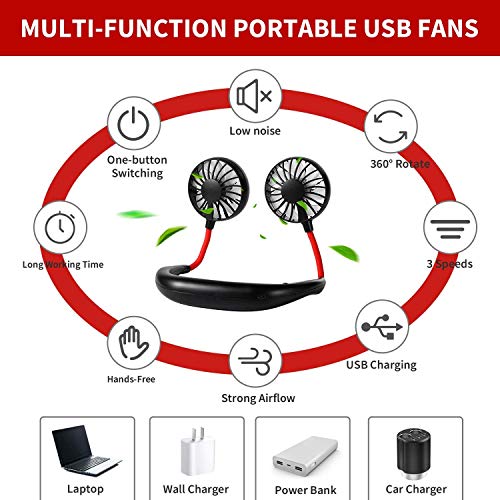 YJCloud Neck Fan,Hand Free Portable fan,Usb Portable Battery Operated Personal fan,Hanging neck fan with mini Rechargeable LED,Neckband fan/Wearable fan for Traveling Outdoor Office,Black