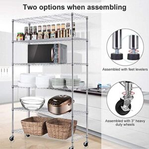 6 Tier Standing Shelf Units NSF Heavy Duty Height Adjustable Storage Shelf Metal Shelving with Wheels/Feet Levelers for Garage Rack Kitchen Rack Office Rack Commercial Shelving Chrome, 18" x 48" x 82"