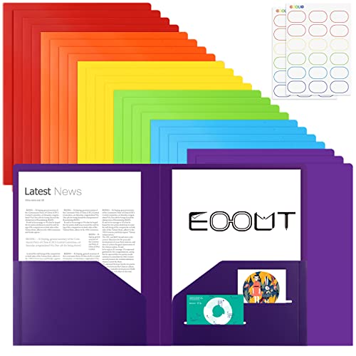 EOOUT 24pcs Folders with Pockets, Plastic Pocket Folders, Two Pocket Folders with Label, 6 Colors, Letter Size, A4 Size, for Office, Teaching, Students and School