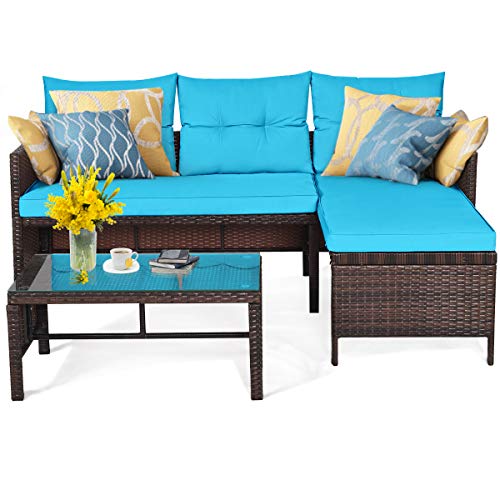 HAPPYGRILL 3-Pieces Patio Conversation Set Sectional Rattan Wicker Sofa Set with Steel Frame & Seat Cushion, Outdoor Table & Sofa Furniture Set for Garden Lawn Pool Backyard