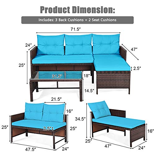 HAPPYGRILL 3-Pieces Patio Conversation Set Sectional Rattan Wicker Sofa Set with Steel Frame & Seat Cushion, Outdoor Table & Sofa Furniture Set for Garden Lawn Pool Backyard