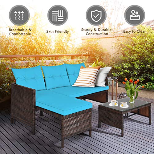 HAPPYGRILL 3-Pieces Patio Conversation Set Sectional Rattan Wicker Sofa Set with Steel Frame & Seat Cushion, Outdoor Table & Sofa Furniture Set for Garden Lawn Pool Backyard