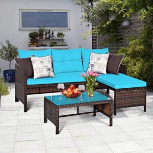 HAPPYGRILL 3-Pieces Patio Conversation Set Sectional Rattan Wicker Sofa Set with Steel Frame & Seat Cushion, Outdoor Table & Sofa Furniture Set for Garden Lawn Pool Backyard