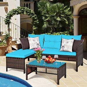 HAPPYGRILL 3-Pieces Patio Conversation Set Sectional Rattan Wicker Sofa Set with Steel Frame & Seat Cushion, Outdoor Table & Sofa Furniture Set for Garden Lawn Pool Backyard