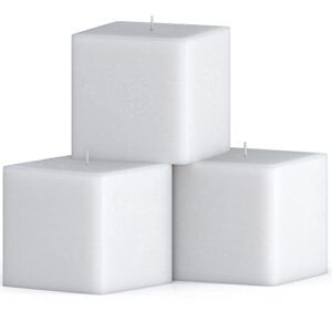 candwax 3 inch pillar candles for home set of 3 pcs - unscented and long lasting candles ideal for romantic, wedding or living room decor - white square candle