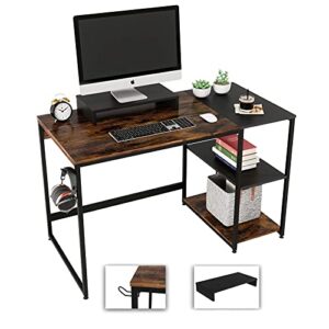 nost & host 47 inch home office desk with storage shelves, computer desk with monitor stand and headphone hook, industrial 2-tone small writing work desk study table, rustic brown and black
