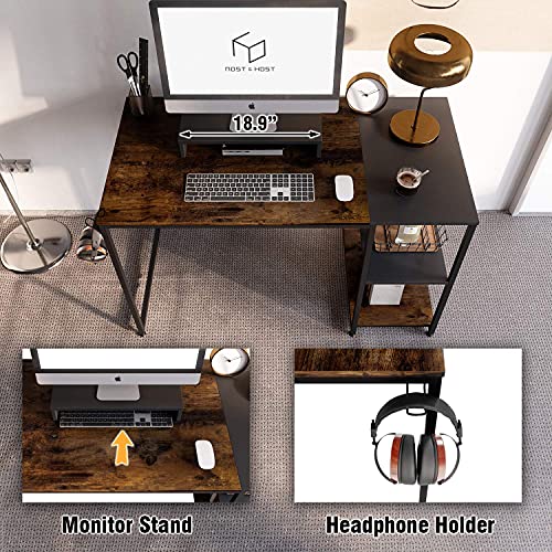 Nost & Host 47 Inch Home Office Desk with Storage Shelves, Computer Desk with Monitor Stand and Headphone Hook, Industrial 2-Tone Small Writing Work Desk Study Table, Rustic Brown and Black