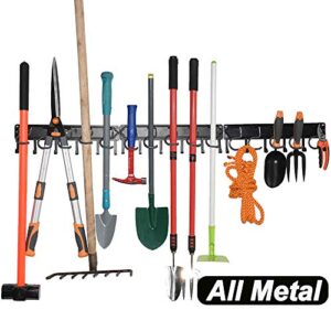 yuetong all metal garden tool organizer,adjustable garage wall organizers and storage,heavy duty wall mount holder with hooks for broom,rake,mop,shovel.(3 pack)