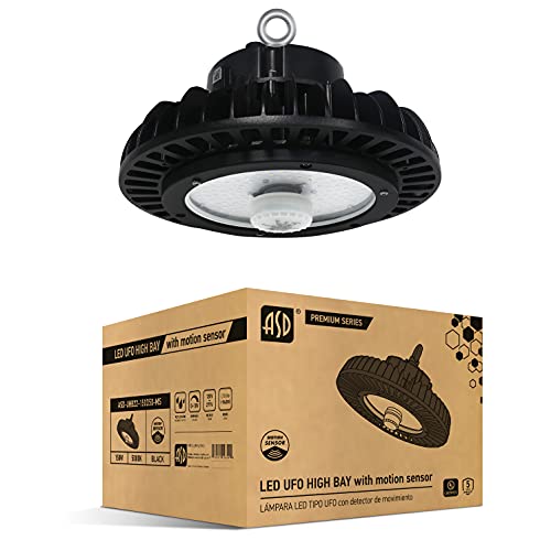 ASD UFO High Bay LED Shop Light Fixture with Motion Sensor, 150 watt 22912lm 5000K, 1-10V Dimmable, 120V 277V Work Light, Commercial Bay Lighting, Waterproof, Safety Cable Included UL/DLC Premium