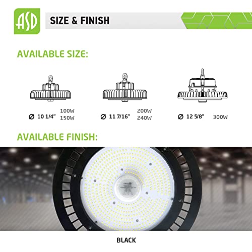 ASD UFO High Bay LED Shop Light Fixture with Motion Sensor, 150 watt 22912lm 5000K, 1-10V Dimmable, 120V 277V Work Light, Commercial Bay Lighting, Waterproof, Safety Cable Included UL/DLC Premium