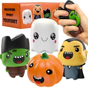 halloween toys, halloween squishy toys for kids, 4 pack squishies toys halloween party favors set pumpkin, vampire, ghost, zombie slow rising stress relief soft squeeze toys